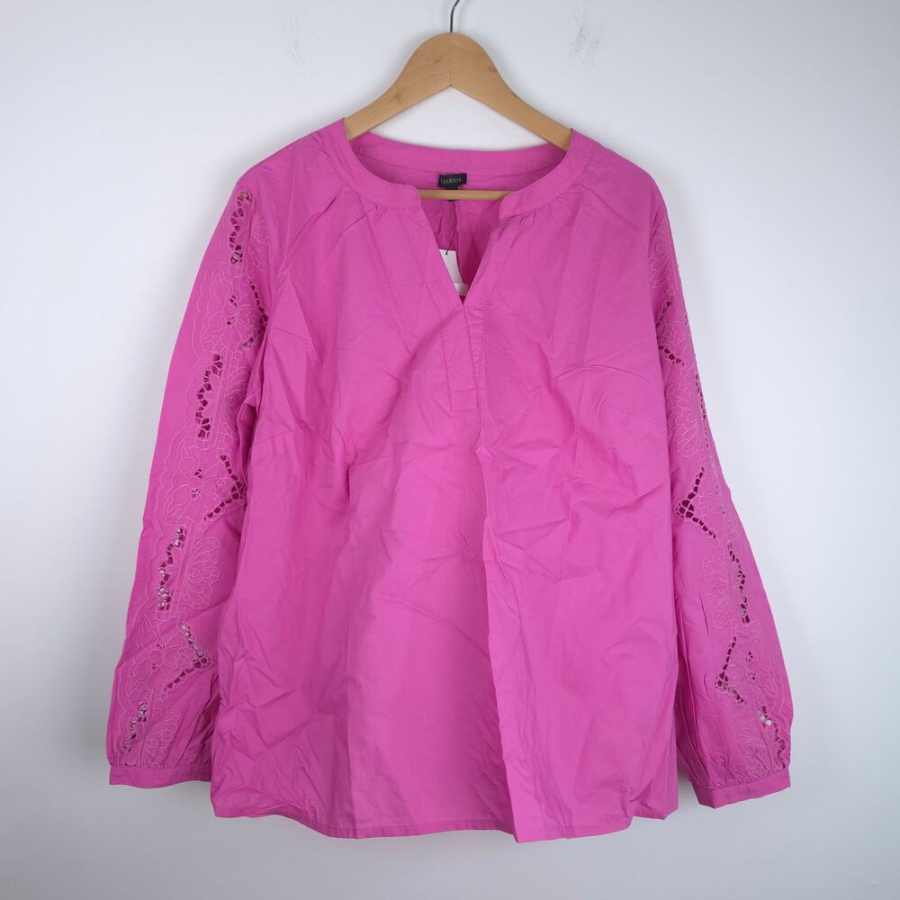 NEW Talbots Purple Embroidered Poplin Top V Neck Lace Accent Sleeves XL